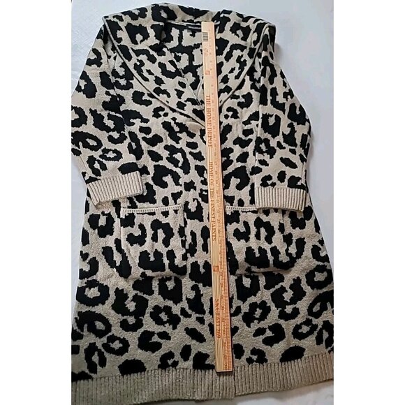 Nina Leonard Cardigan Duster Sweater L Black Tan Leopard Print Soft Oversized - Picture 10 of 11